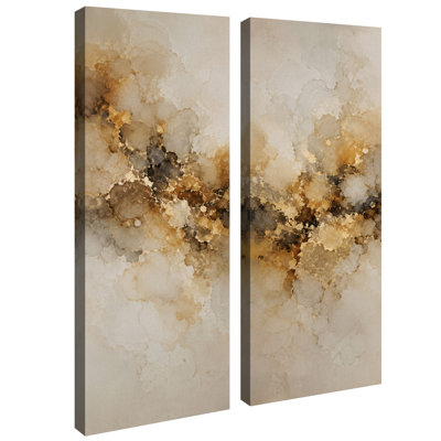 Warm Gold Brown Marble Abstract – Set of 2 Framed Wall Art Print on Canvas 32"x12"x2