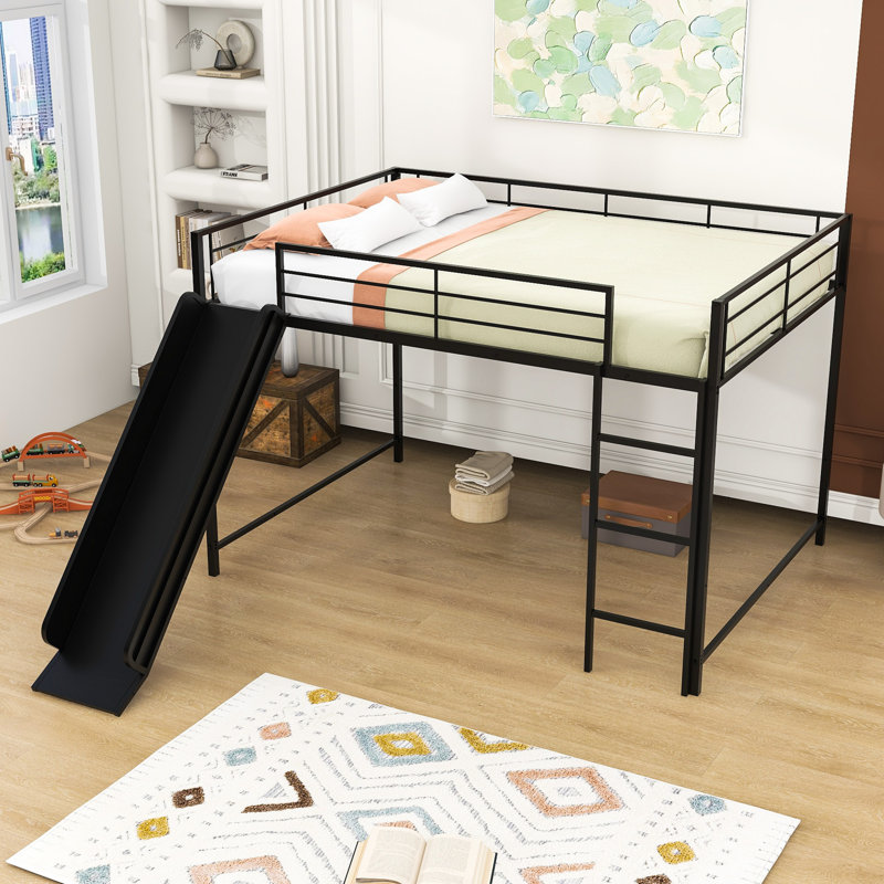 Full Over Full Metal Bunk Bed with Slide, Guardrail and Ladder, Black