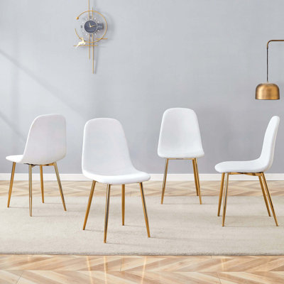 Luxury Simple Chair - Set of 4 White PU Material High Resilience Dining Chair with Metal Golden Leg.Integral metal leg architecture,Suitable for vario