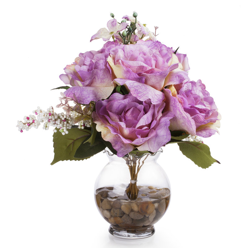 Agencement de fleurs en soie mélangées dans un vase, Mauve