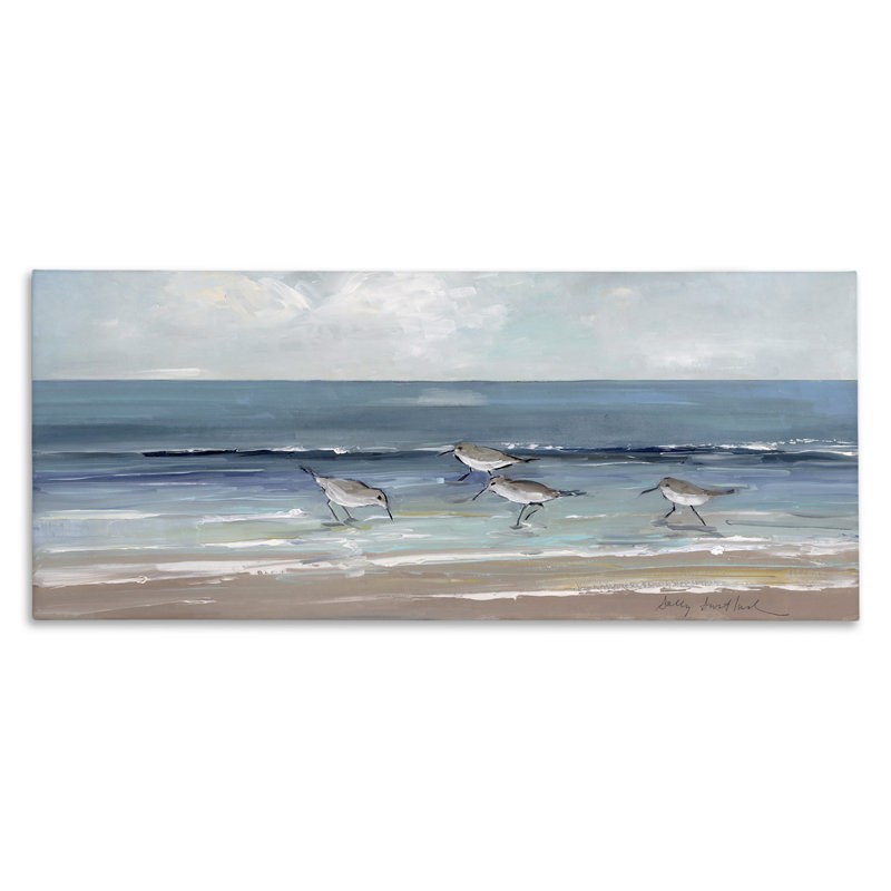 Sandpipers Birds Cloudy Sky Beach Shore par Sally Swatland - Peinture, H 10 po x l 24 po
