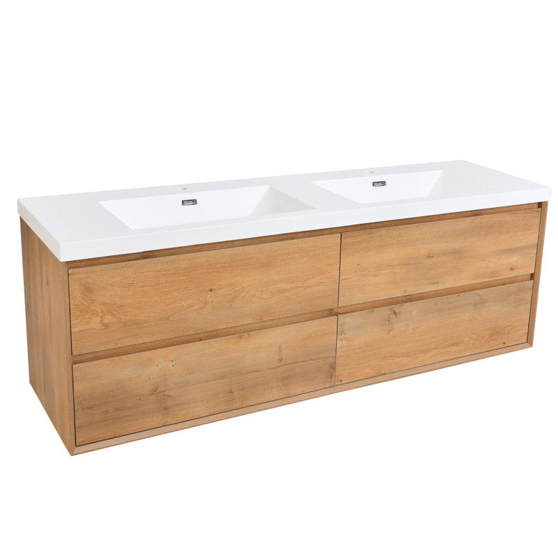 Meuble-lavabo moderne en chêne doré avec évier, rangement spacieux