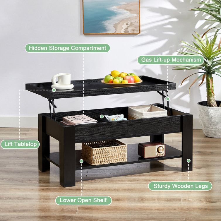 Arrik Minimalist Lift Top Coffee Table w/ Hidden Storage Compartment & Open Shelves