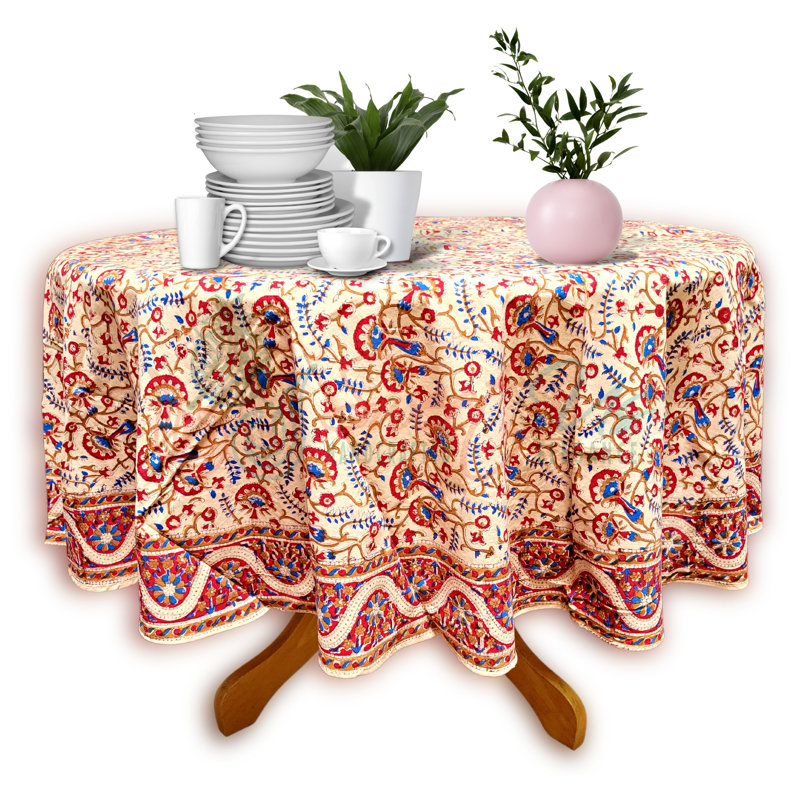 Block Print Floral Cotton Round Tablecloth, Red
