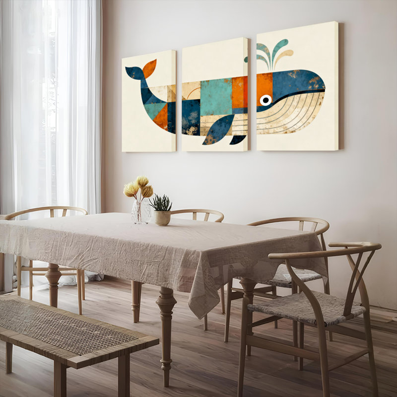 Baleine géométrique, reproduction d'art sur toile, ensemble de 3 patchwork moderne, H 24 po x l 48 po