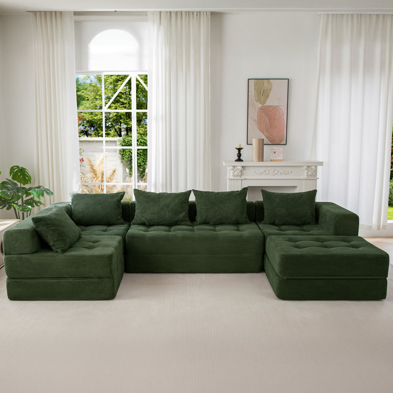 Canapé modulaire en forme de U Boneless, H 15 po x l 125 po x P 63 po, Velours côtelé vert