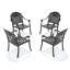 Ensemble de 4 chaises de jardin en aluminium moulé, structure noire, coussins rouges, motifs rectangulaires, revêtement haute température, assise ergonomique, empilables et mousse à cellules ouvertes résistante.