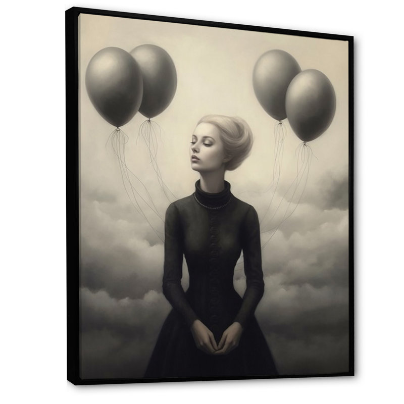 Portrait surréel monochrome avec ballons sur toile, H 44 po x l 34 po x P 1,5 po, Cadre flottant noir