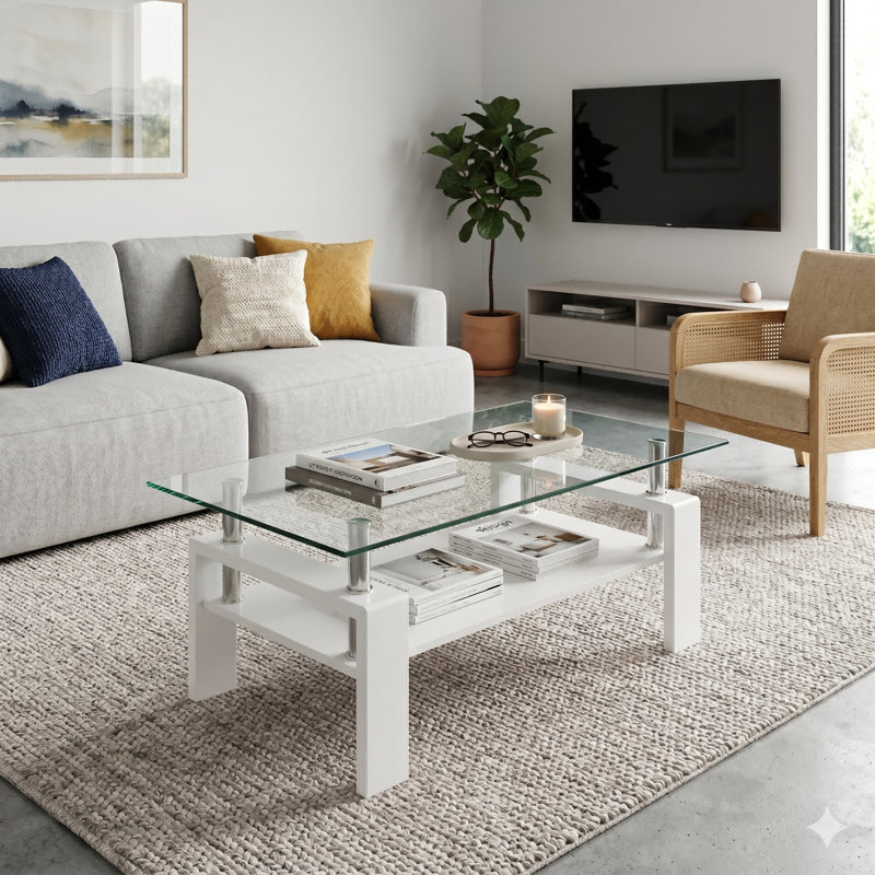 Fraiya Rectangle Coffee Table with Tempered Glass & MDF Storage Shelf, Modern Living Room or Office Center Table, White