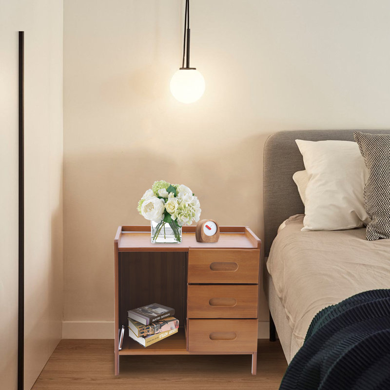 Bedside Cabinet with 3 Drawers Modern Bedside Nightstand- Tea Color, Tea color