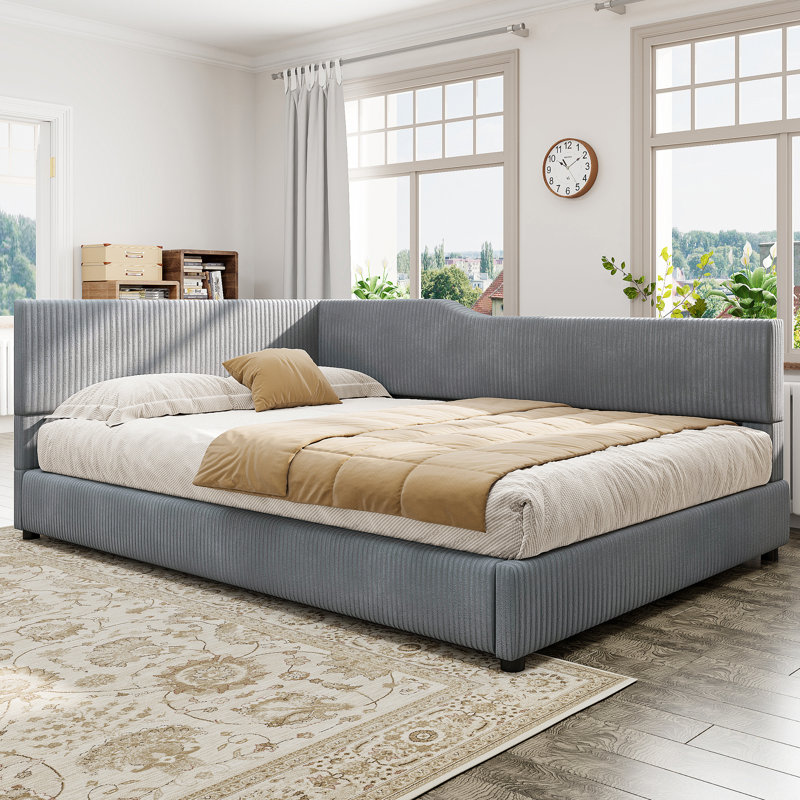 Full Size L-Shaped Corduroy Daybed Upholstered Daybed, Gray, Gray