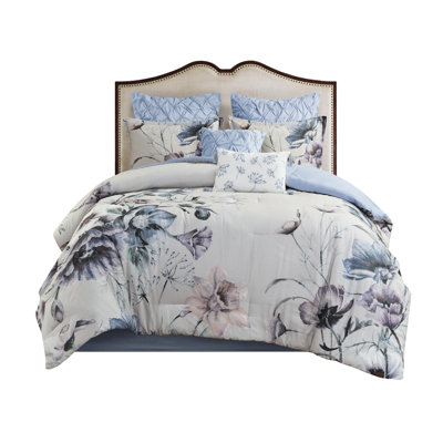 8 Piece Cotton Comforter Queen Blue - Decoration With Floral Ornament, Filling, , Includes 1 Comforter, 2 Euro Shams, 3 Decorative Pillows, Bed Skirt, Machine Washable Bedroom Essentials