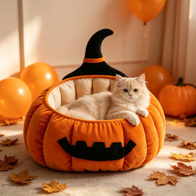 Dog Bed Halloween Pumpkin Pet Bed Warm Cozy for Small Medium Cats Dogs Thanksgiving Themed Sleeping Hut Soft Enclosed Designs Provide Secure Rest Space Windproof Snug Cat Bed