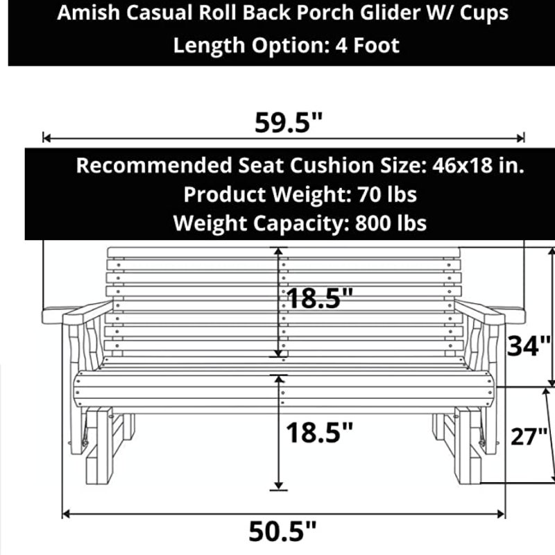 Banc coulissant robuste avec véranda à dossier rétractable de 800 lb, 4 pi, porte-gobelets, Noyer foncé