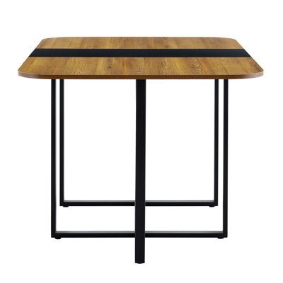 Modern Dual-Texture Table with Marble and Wood-Pattern Surface, Sturdy Black Metal Frame, Multi-Use 4-6 Seater for Dining, Kitchen, or Home Office.