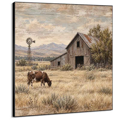 Impression sur tissu grand format - Grange rustique avec vache au pâturage et moulin à vent pour salon ou chambre - « Assemblage du cadre requis (cadre non fini) »