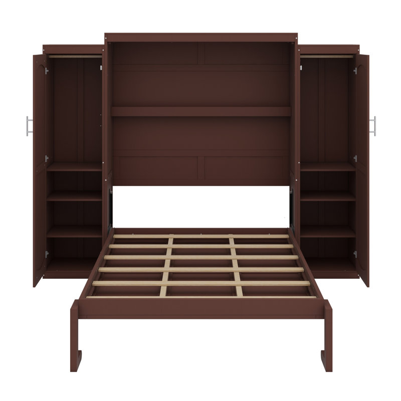 Lit escamotable en bois avec 2 garde-robe et tablette de rangement, Noyer