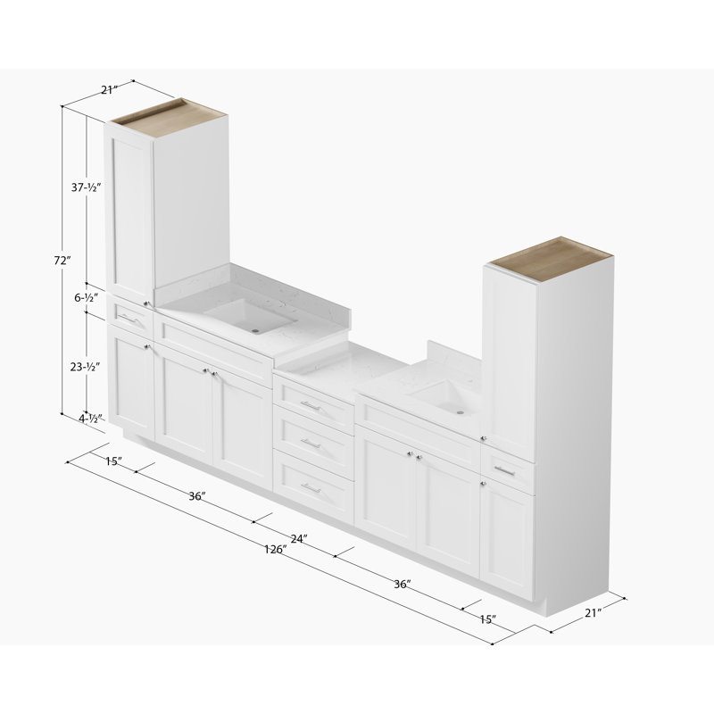  Dessus de meuble-lavabo double 126 po avec comptoir en bois massif Carrara, Blanc