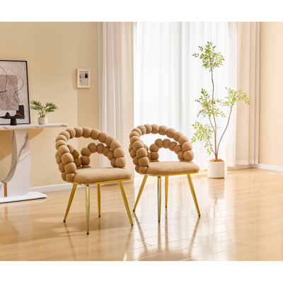 Chaise de salle à manger moderne en velours avec dossier à bulles, chaise d'appoint avec pieds en métal doré, fauteuil de coiffeuse rembourré pour salle à manger, salon, chambre à coucher, brun et or (ensemble de 2)