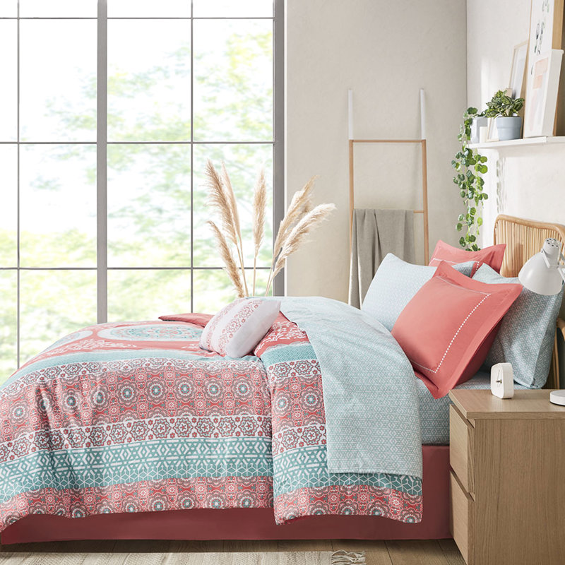 Édredon grand corail avec draps, Édredon pour grand lit + 9 pièces supplémentair, Corail
