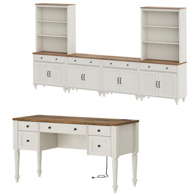 Living Room Table Set - 56" Farmhouse Desk With Drawers & 75'' TV Stand, Home Office Desk With Storage, Wooden Computer Desk With File Drawers For Home Office