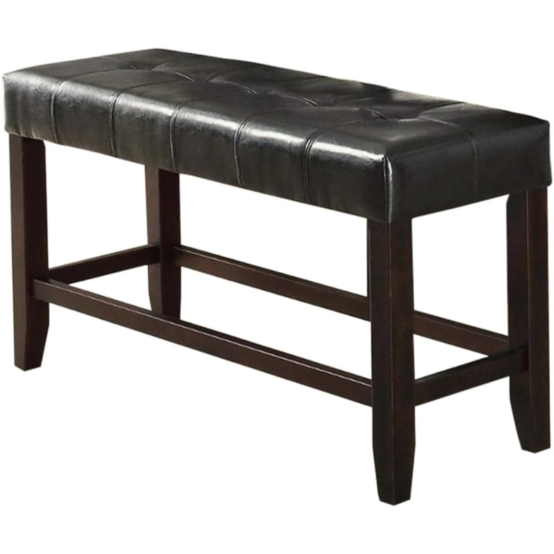 Dining Room Counter Height Bench, Silver Faux Leather Padded Seat, Robust Wooden Base, Modern Appeal Seat With Stable For