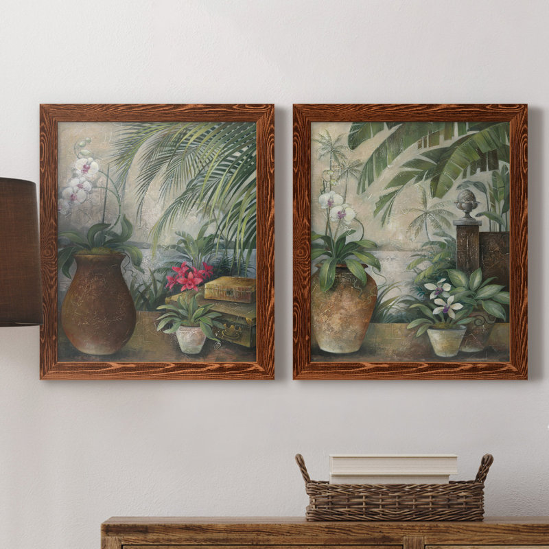 Orchidées au paradis I - ensemble de 2 reproductions d'art graphique, Toile avec cadre érable, Pas de tapis