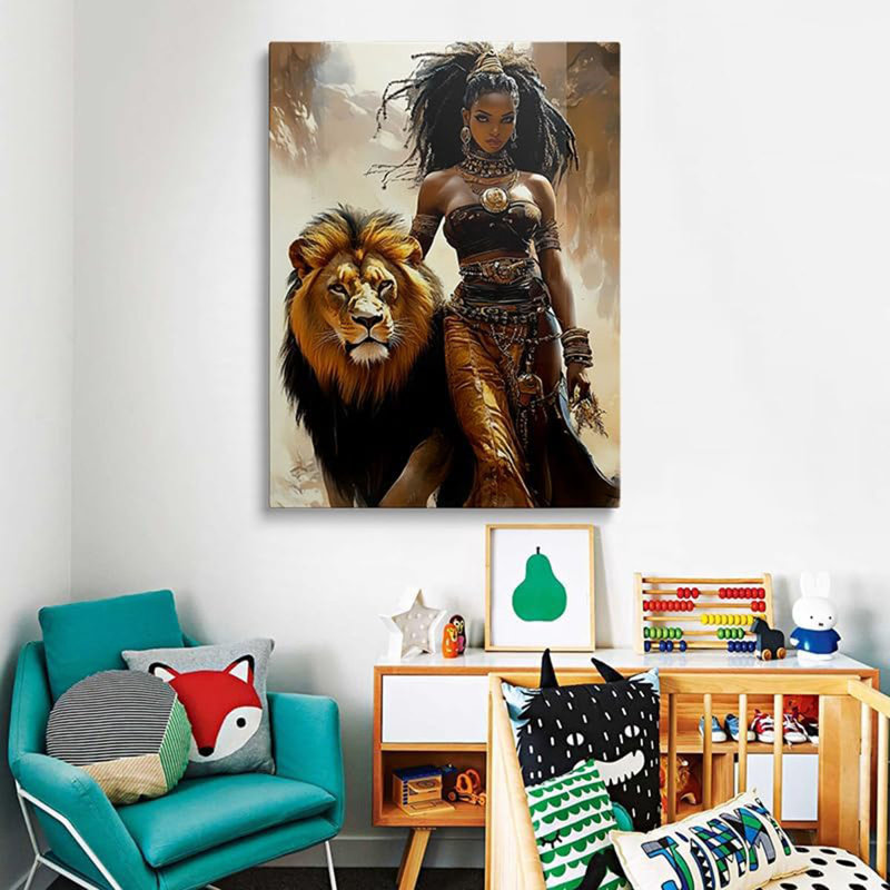Majestic Woman with Lion Canvas Wall Art Framed Portrait Decor 12x16 Inch