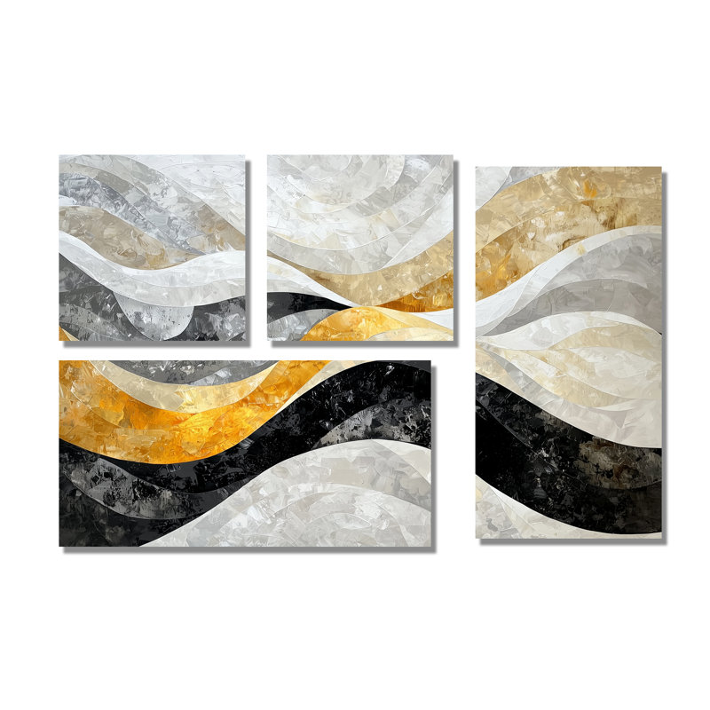 «Black Grey Paint Drift Mosaic Kinetic Art I - Abstract Large Wall Art», 4 pièces, Toile tendue, Ne s’applique pas