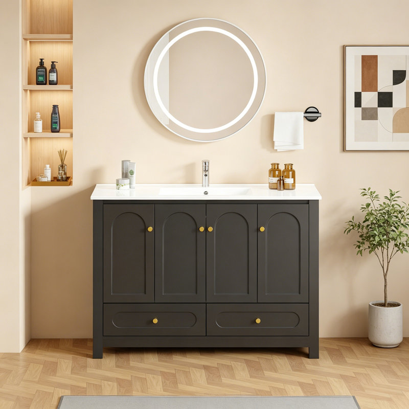 Ensemble de meuble-lavabo avec lavabo en résine, 4 portes à fermeture douce et 2 tiroirs, Noir