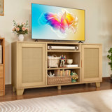 65" Rustic Boho Media Center with Rattan Cabinet Door and Cord Holes