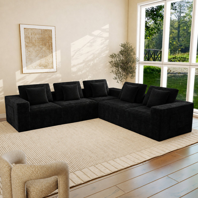 Abdou 106.2" Boneless L-Shaped Compression Sectional Sofa, Corduroy Cloud Couch, Black Corduroy