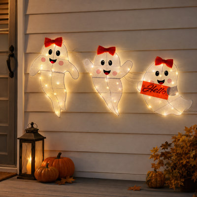3-Piece Lighted Halloween Ghost Decorations, 26" Hanging Ghost Wall Decor with 60 Warm White LEDs, 8 Lighting Modes, Plug-In Indoor Outdoor Porch Decor
