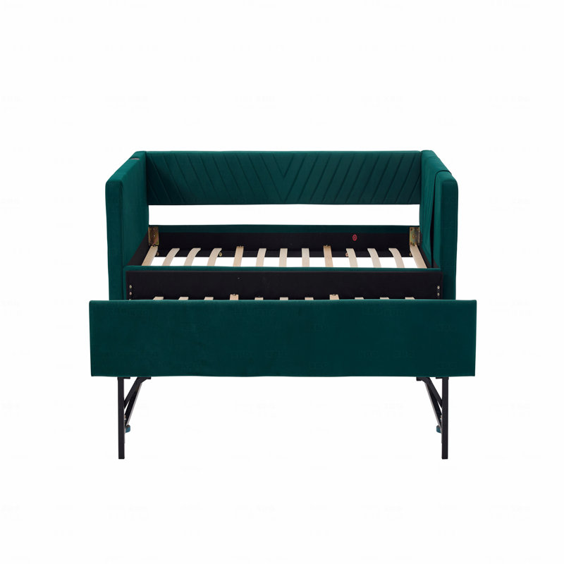 Upholstered Trundle Daybed, Twin Size,USB Port,Side Pockets, Modern V-Grained Backrest Design,No Box Spring Needed, Emerald