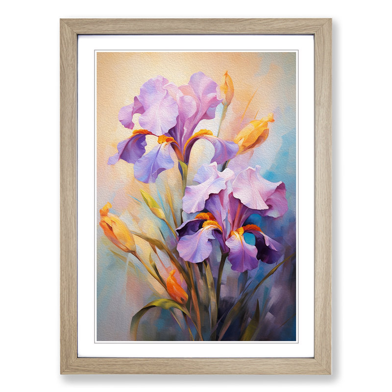 Iris Flower Impressionism - Single Picture Frame Print on Wood, 46cm H x 34cm W x 2cm D, Oak 