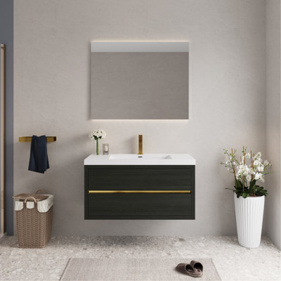 42" Wall-Mounted Bathroom Vanity with Sink, Floating Bathroom Storage Cabinet with Stone Resin Countertop and Soft Close Drawers Fully Assembled, Espresso Wood