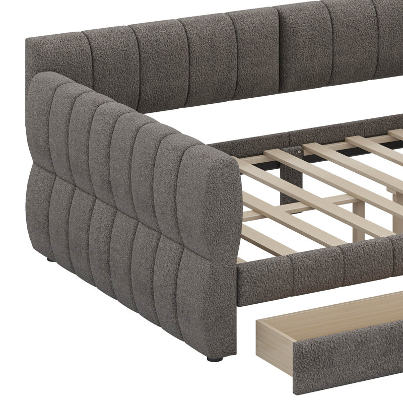 Grand lit plateforme tapissier avec port USB et 2 tiroirs, gris