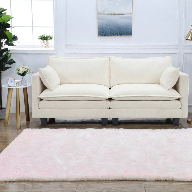 Canapés 2 places gain de place en chenille, causeuse beige moderne avec ports USB, Beige