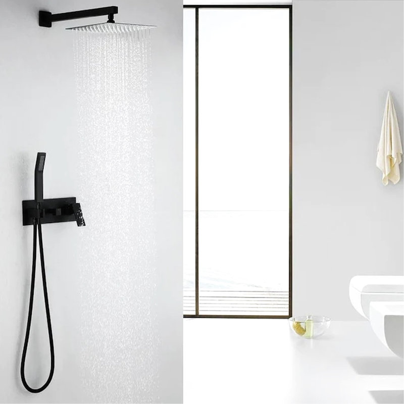 Dispositifs de douche noir mat - fixation murale, pomme de pluie de 10 po, douchette avec tuyau, bec pivotant, ensemble de salle de bain résidentiel, installation facile à la main, débit réglable