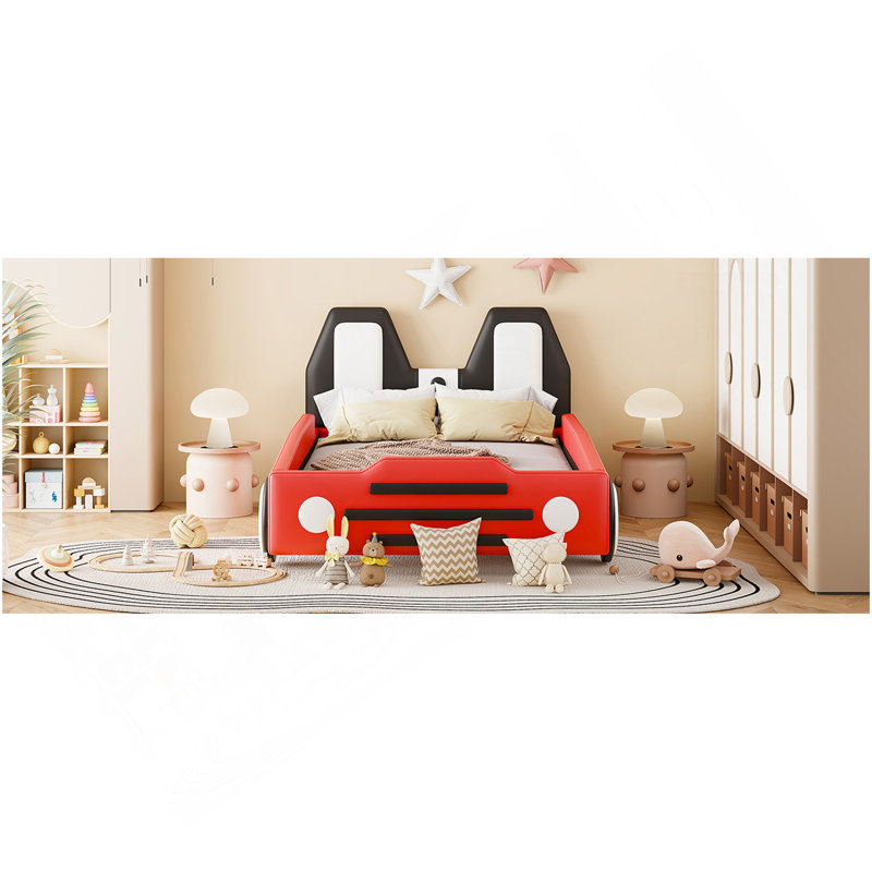Twin Size Race Car-Shaped Platform Bed With Wheels,Red, Red