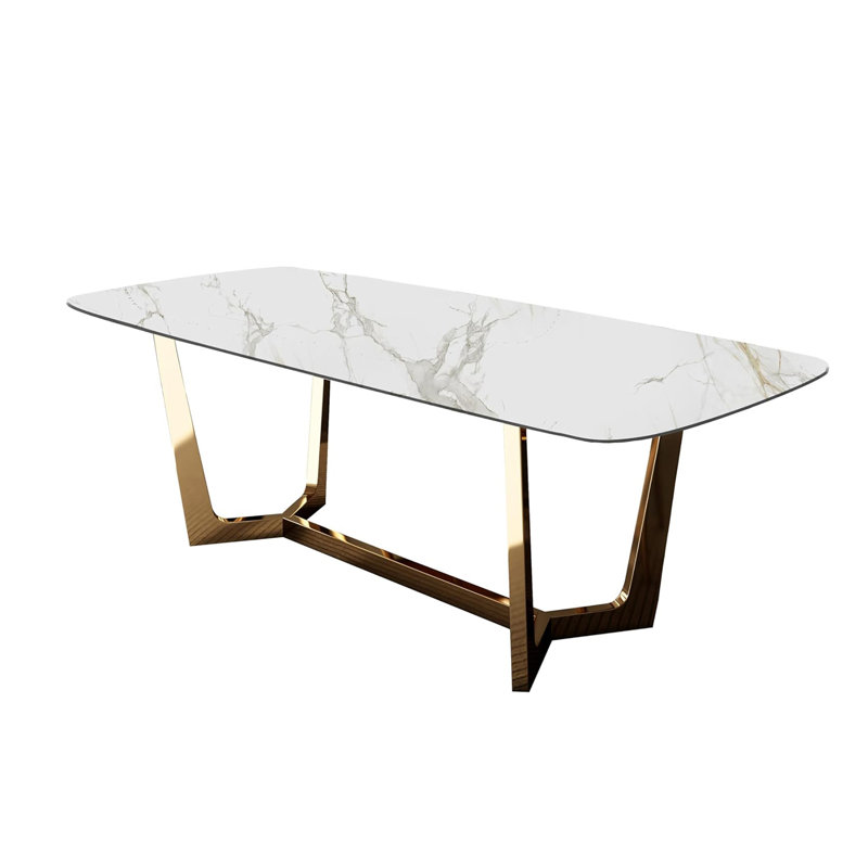 Table de salle à manger rectangulaire avec pieds en tréteaux en métal, Doré