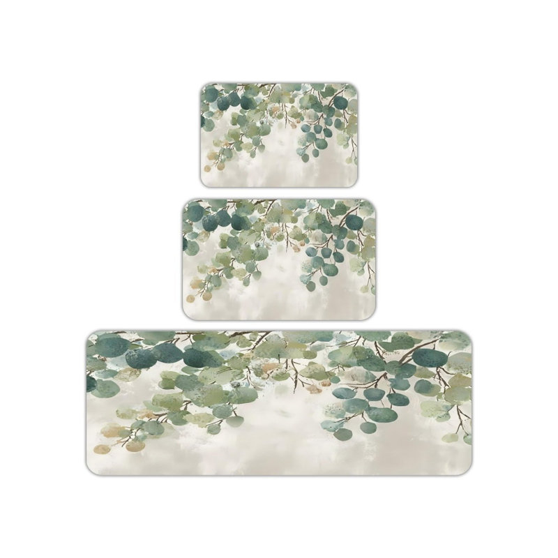 Tapis de cuisine 3 pièces Watercolor Eucalyptus pour la cuisine et la salle de bain, beige vert