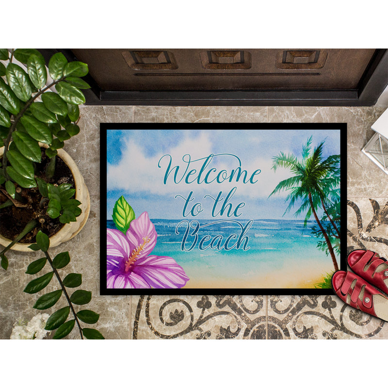 Tapis de porte pour l’extérieur anti-dérapant beach scene welcome, Rectangulaire : 18 po x 27 po
