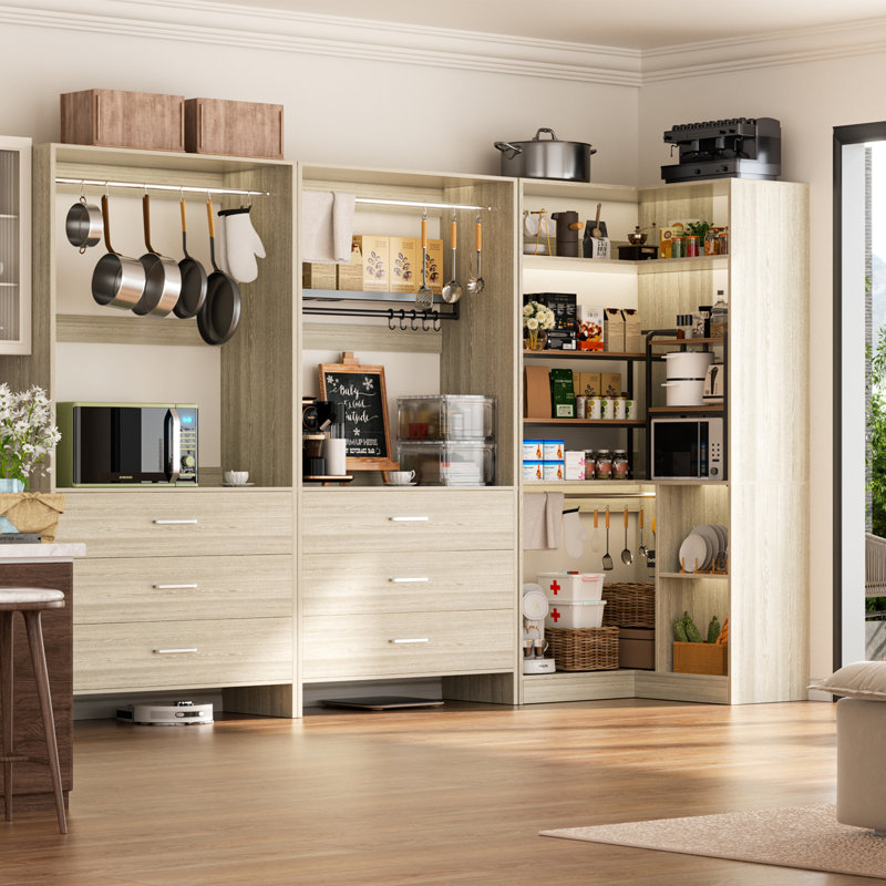 55.2'' - 80.9'' W Closet System with Wooden Drawers and Hanging Rods, White Oak
