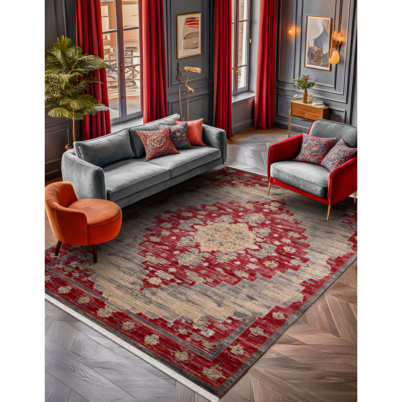Marisol Burgundy Beige Oriental Machine Printed Cotton Polyester Area Rug, Runner 3'4" x 9'11"