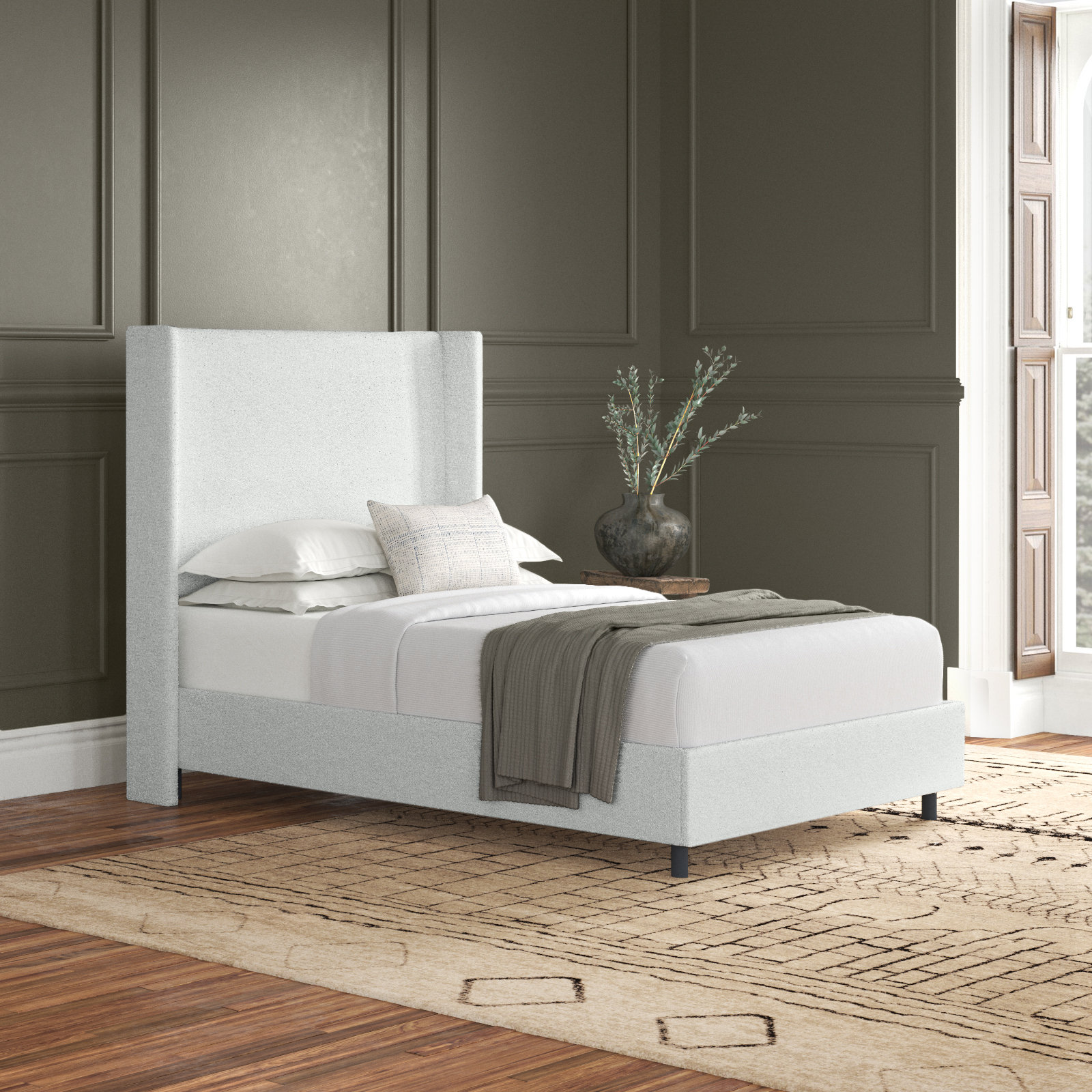Hanson Linen Upholstered Wingback Bed, Twin, Classic Talc Linen