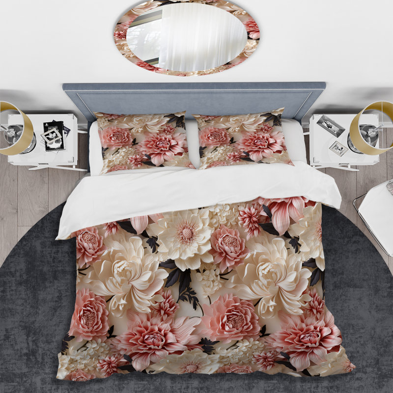 Pink And White Delicate Peony Blooming Collage Floral Duvet Cover, King Duvet Cover + 2 King Shams
