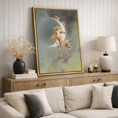 «Mythic Moon Goddess with Cherub», œuvre d'art classique sur toile, impression sur toile