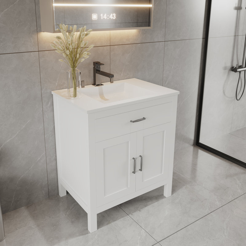Meuble-lavabo sur pied 36 po en bois massif de qualité supérieure avec comptoir, Blanc / Blanc