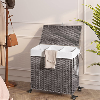 Laundry Hamper With Wheels&Lid, 140L Large 3 Sections Clothes Hamper With 2 Types Removable Liner Bags, 5 Mesh Laundry Bags -  chuangyanUS, MMTB08ZXZ1KZ6